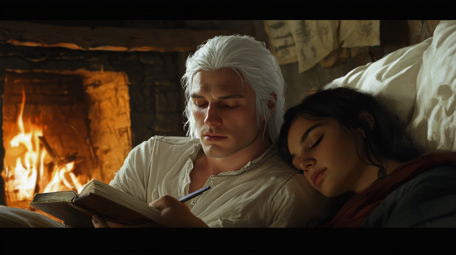 The Witcher-Like Man Sketching Beside Woman in Inn