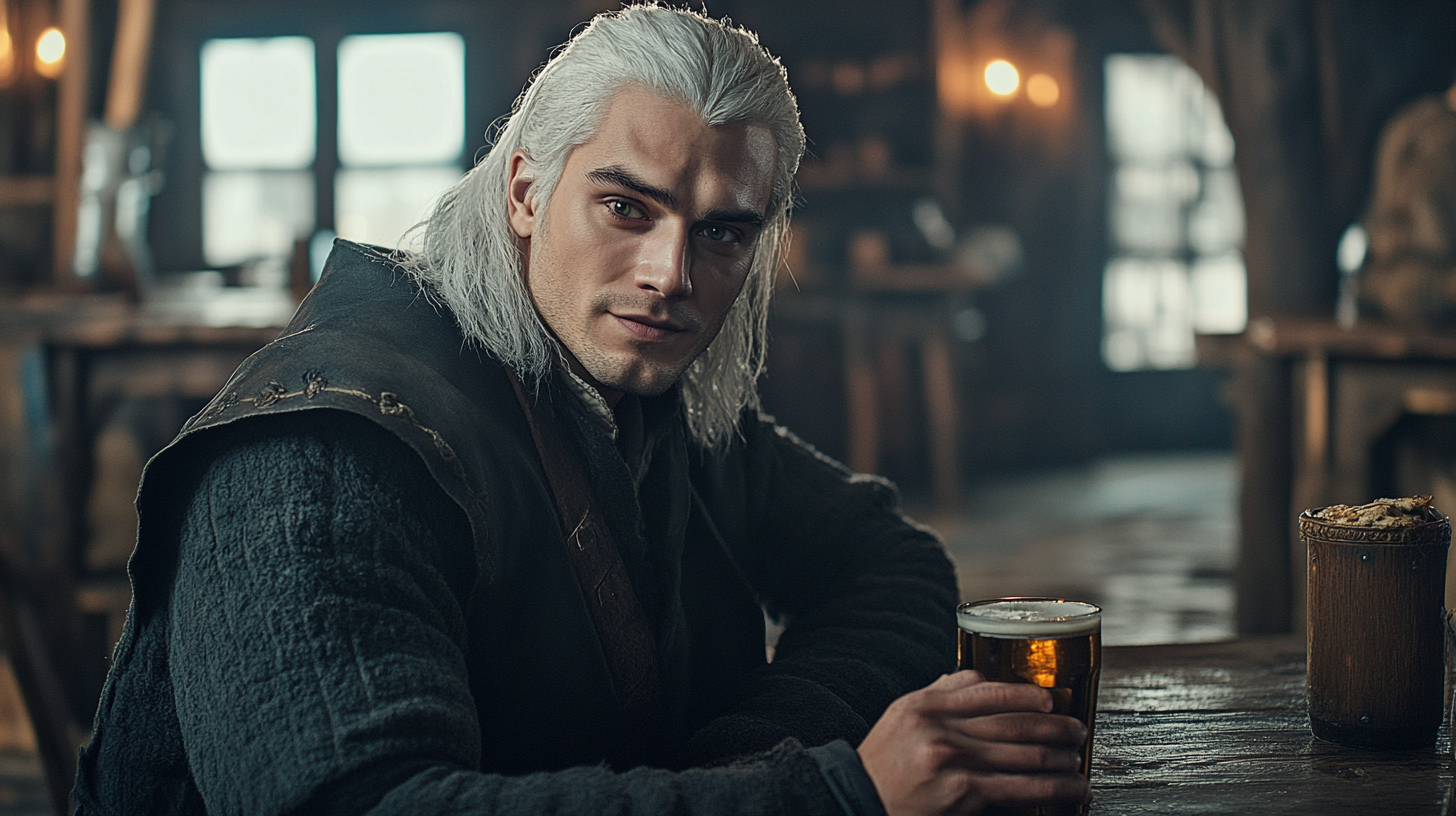 The Witcher-Like Young Man Enjoying Beer in Tavern