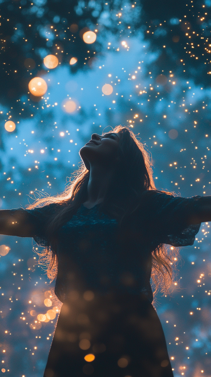 The Woman Embracing Stardust and Glowing Stars