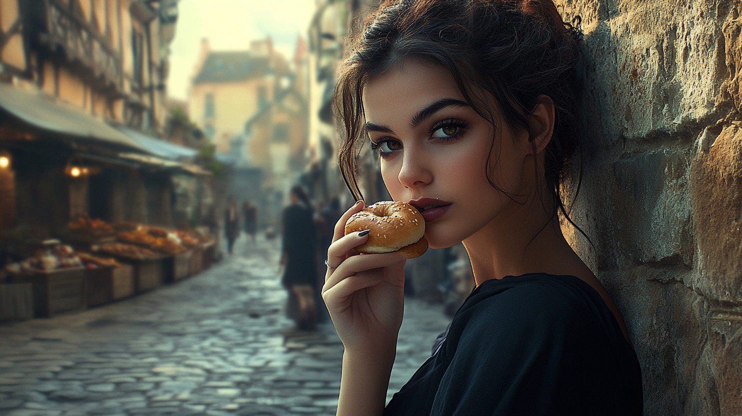 The Woman With Auburn Curls Eating Bun