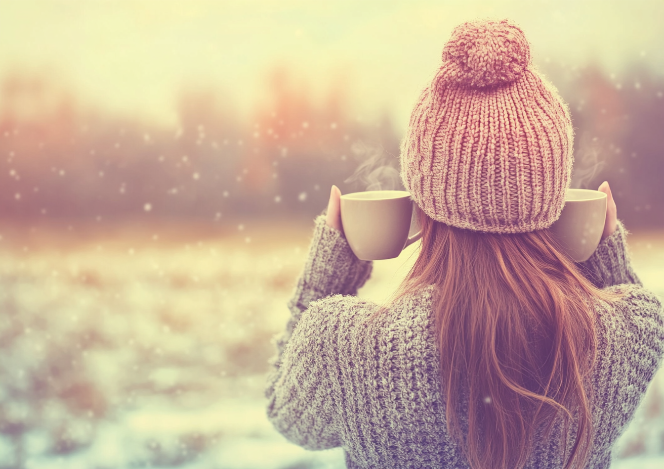 The Woman in Winter Enjoying Tea Happily