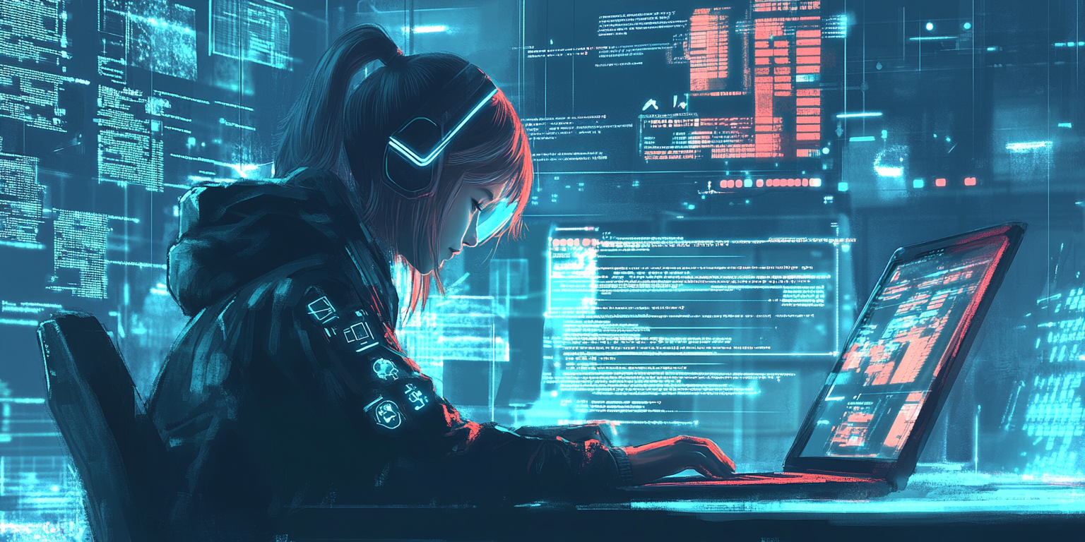 The Young Programmer in Futuristic Digital Workspace