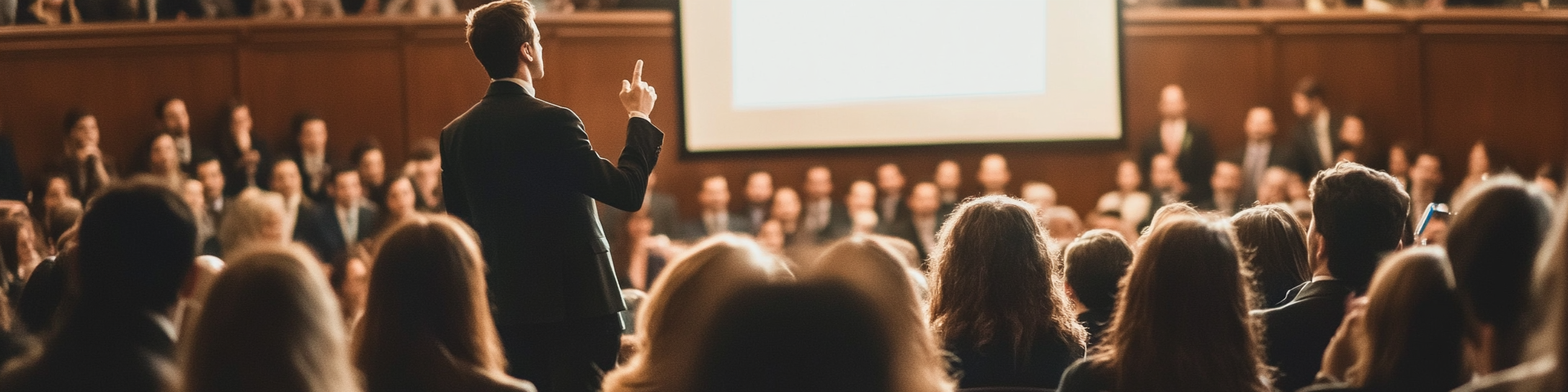 The audience in suits listening to presentation.