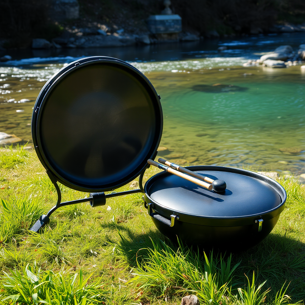 The beautiful black handpan drum by the river.