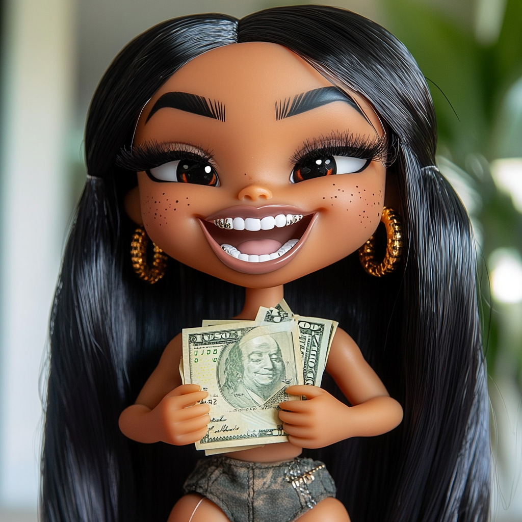 The beautiful smiling black Bratz doll with cash