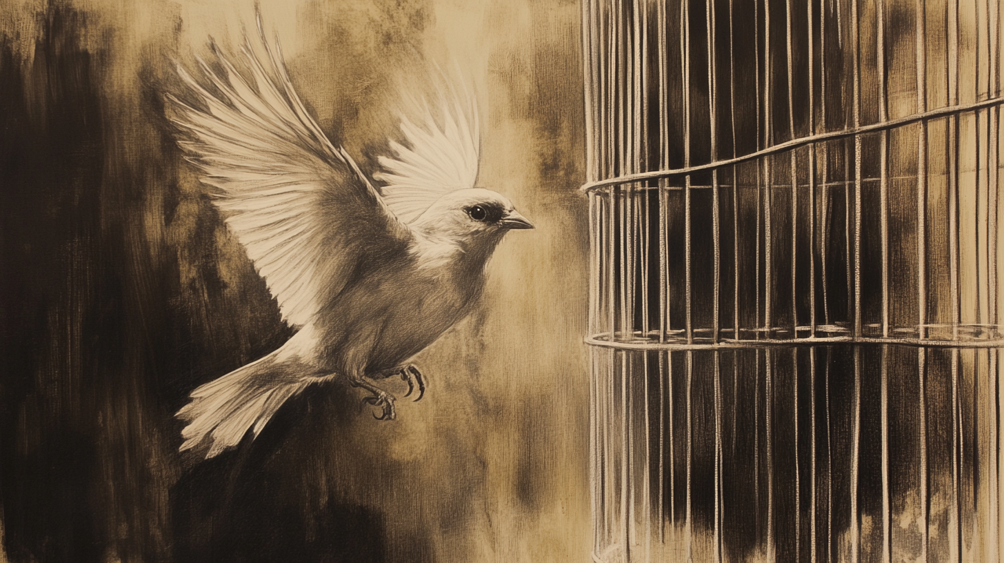 The caged bird flying towards freedom