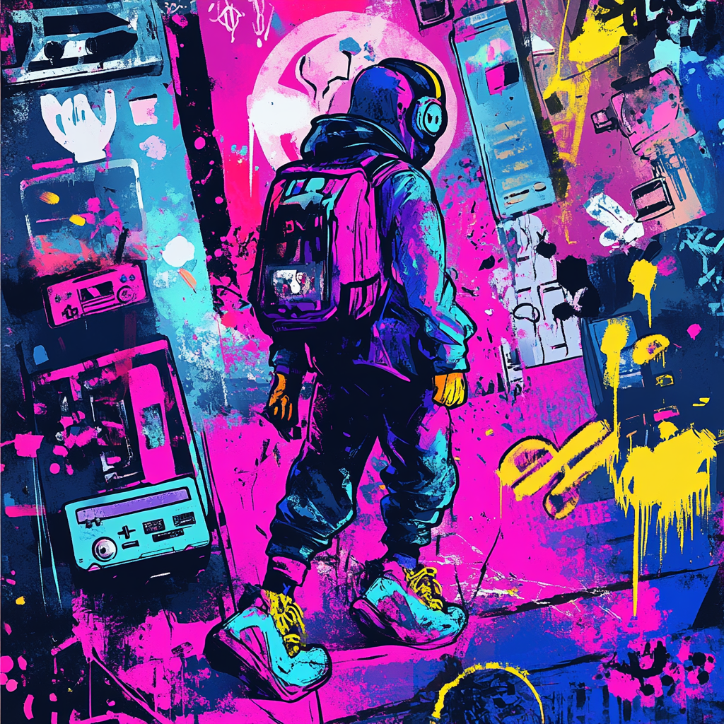 The colorful city artwork with 90s pop culture