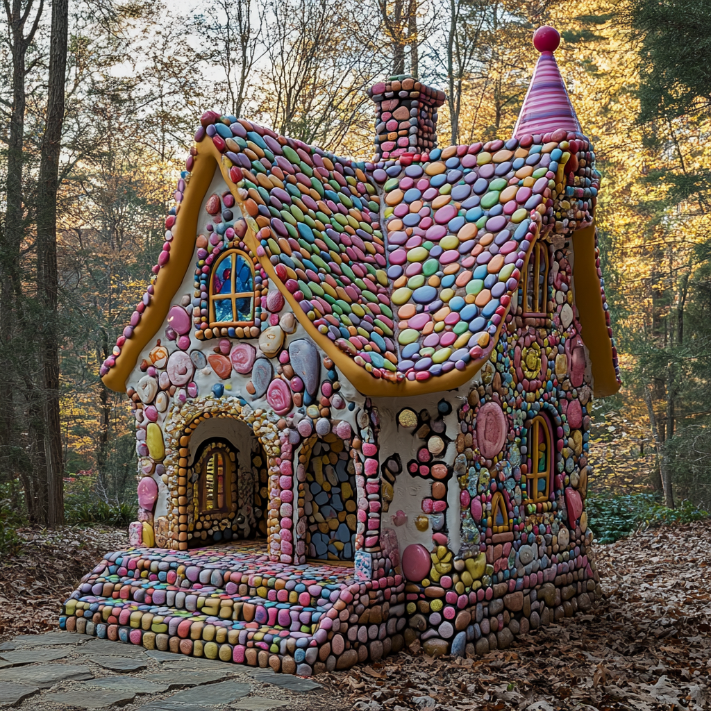 The colorful gnome's oversized candy house made of sweets.