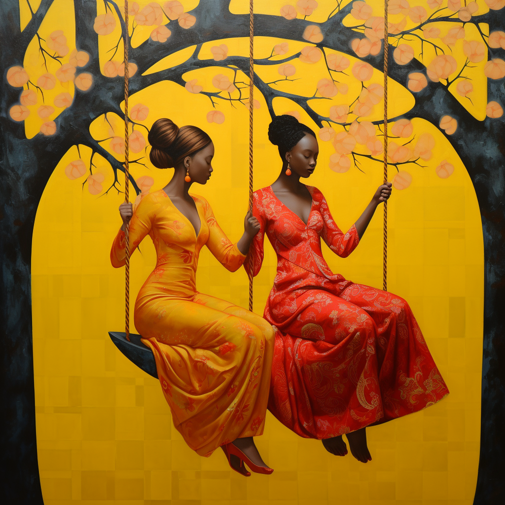 The colorful painting of two girls on swing