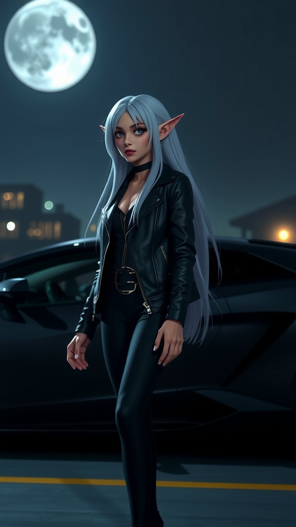 The elf girl in leather jacket near Lamborghini.