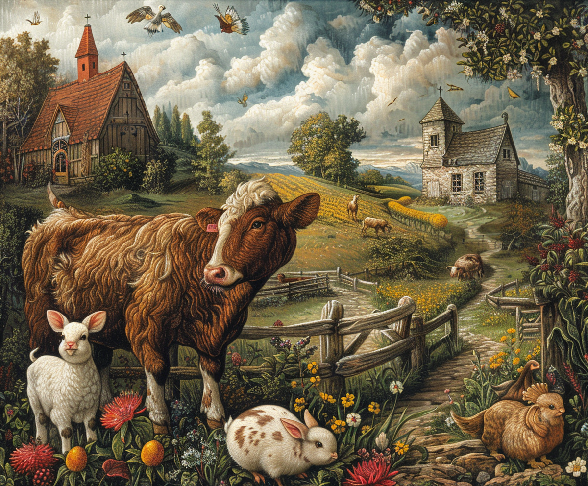 The farm animals in a naive painting style