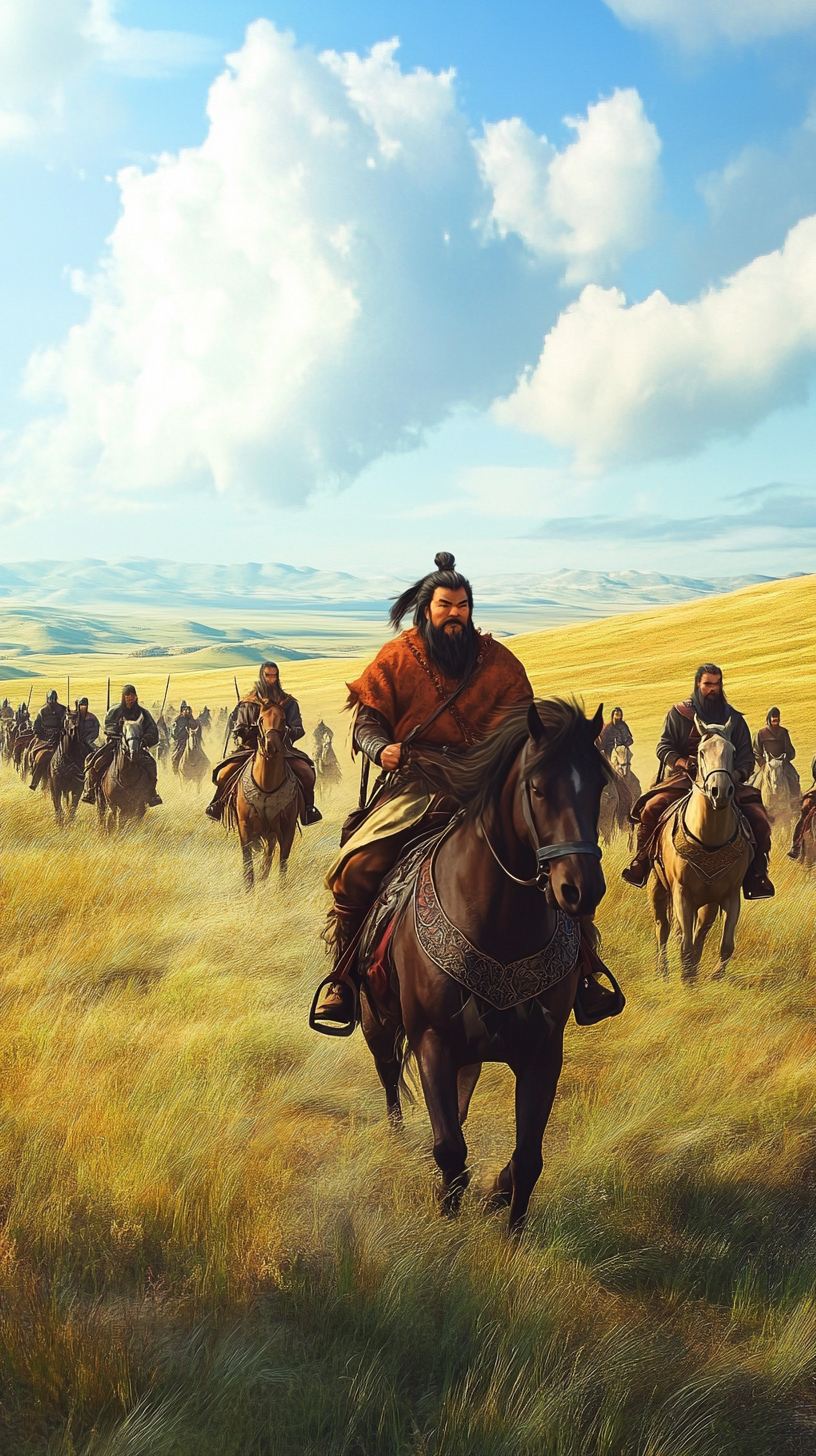 The fearless Genghis Khan leading his horsemen to victory.