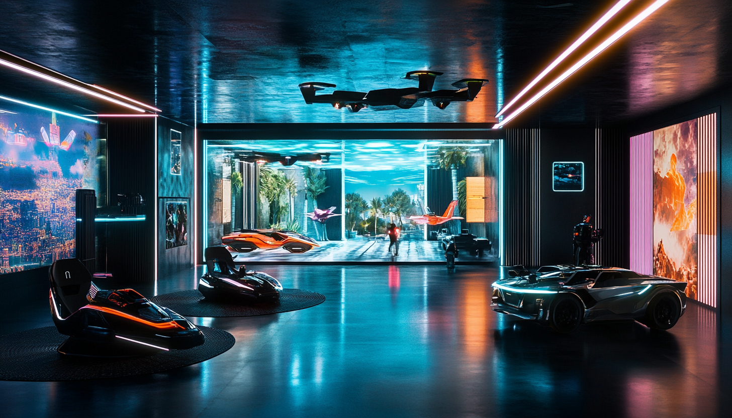 The futuristic living space with neon lights and vehicles