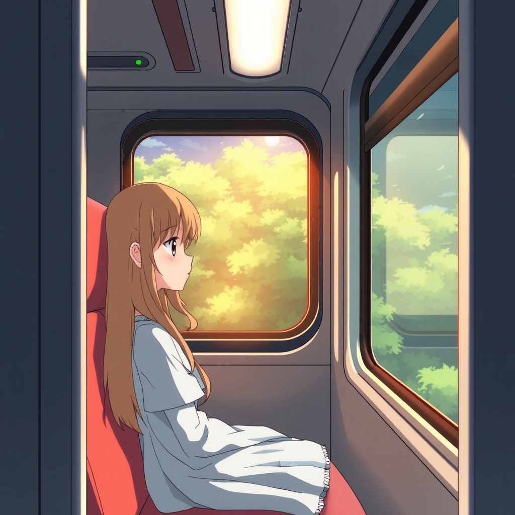 The girl sitting on train watching outside