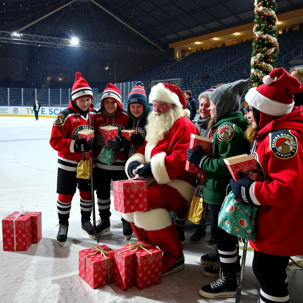 The hockey team gives gifts to Santa.