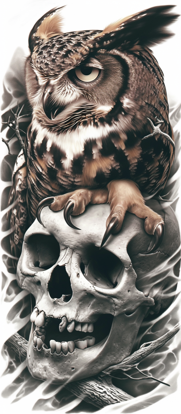 The hyperrealistic owl attack on skull tattoo design