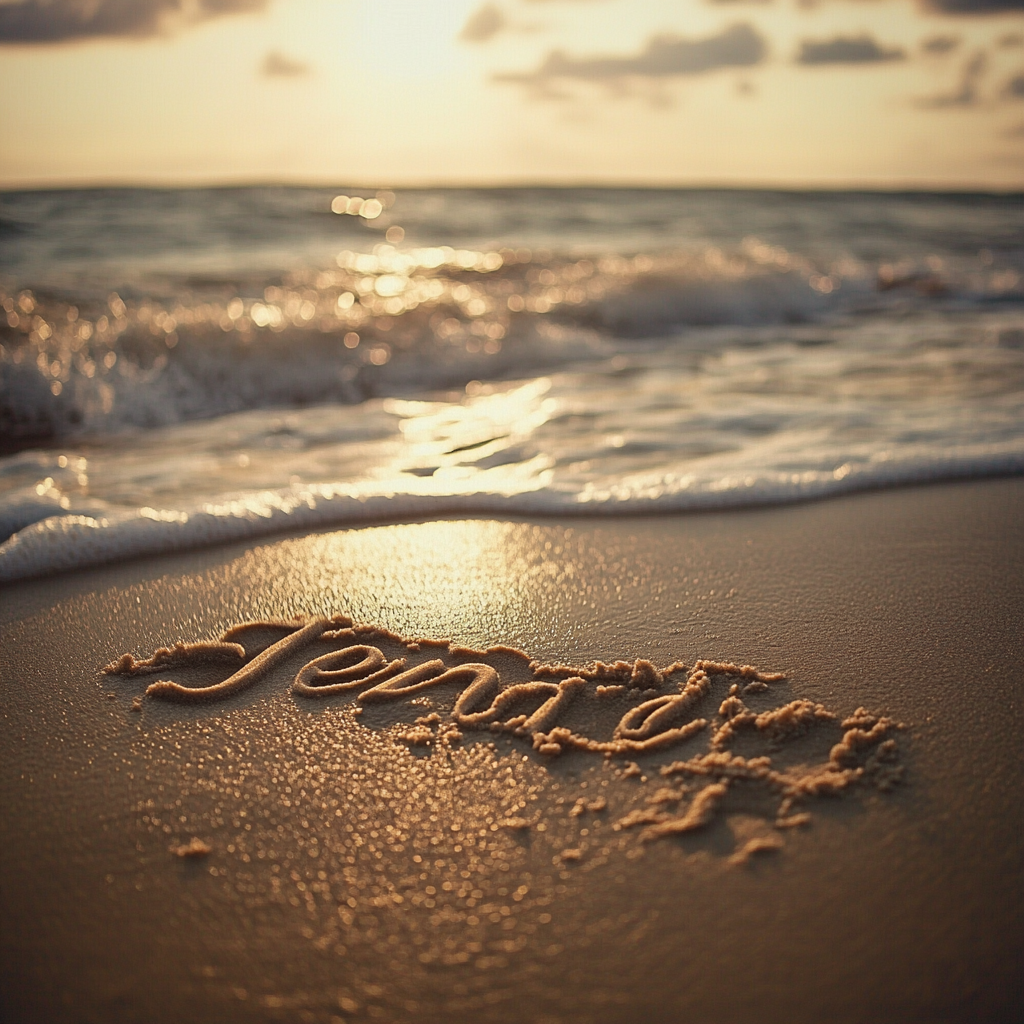 The name Jenny inscribed in sand on a beach.