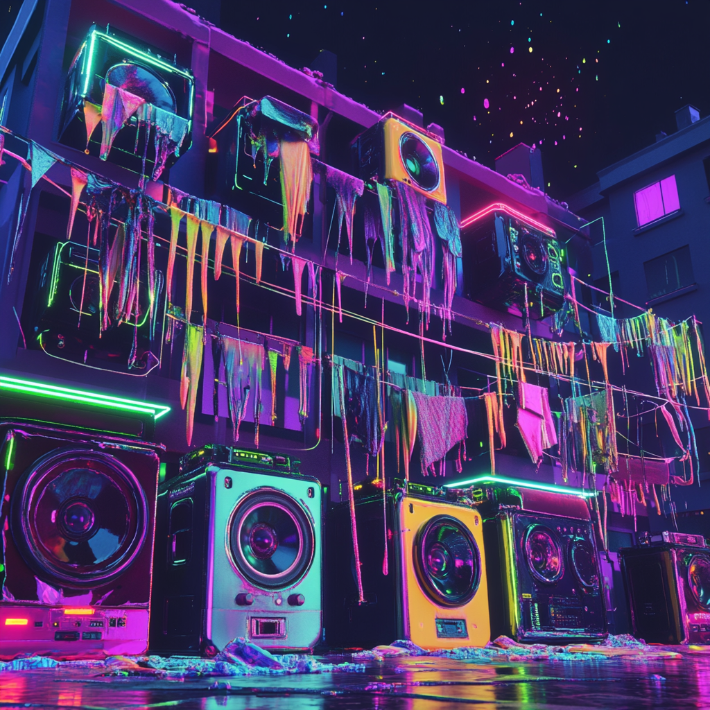 The neon party house with melting speakers scene.