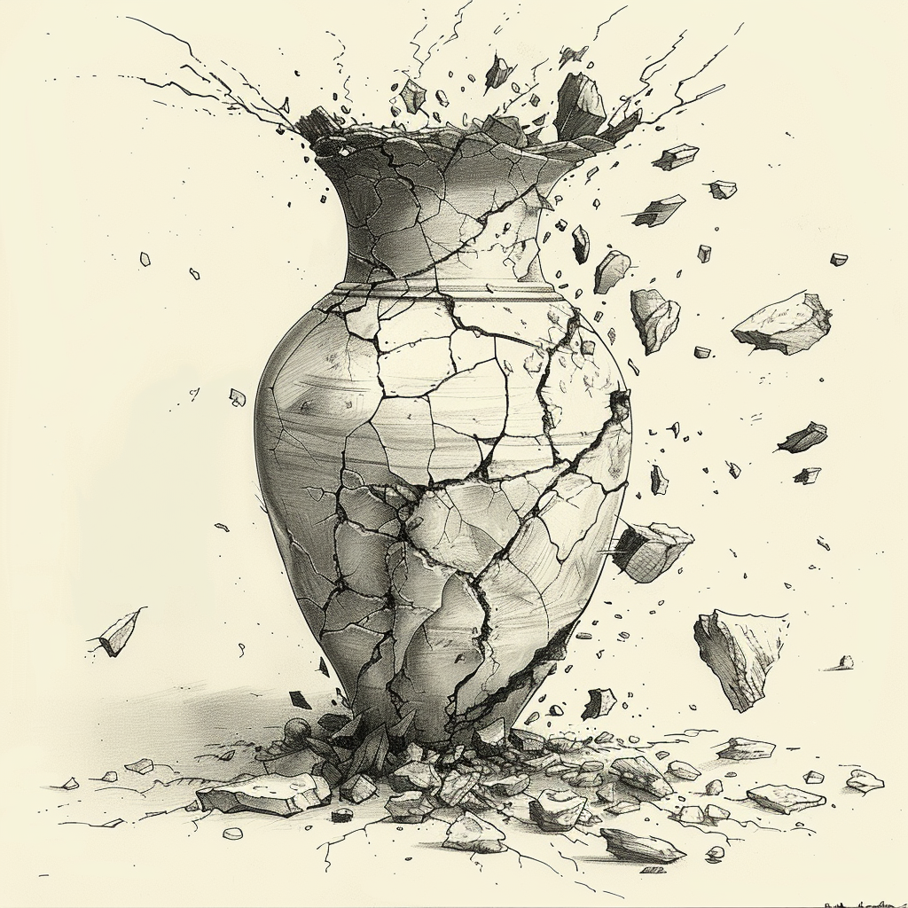 The shattered ancient pot in pencil sketch style