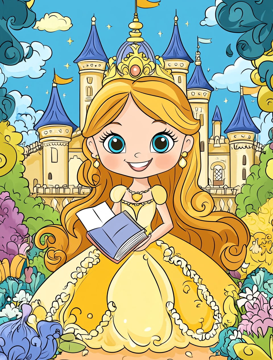 Coloring Book of a smiling princess with sparkly eyes at castle