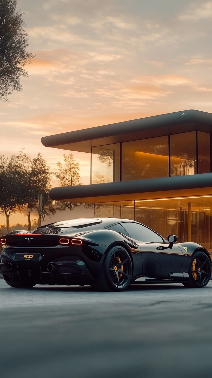 The stunning black Ferrari next to a modern house at sunset