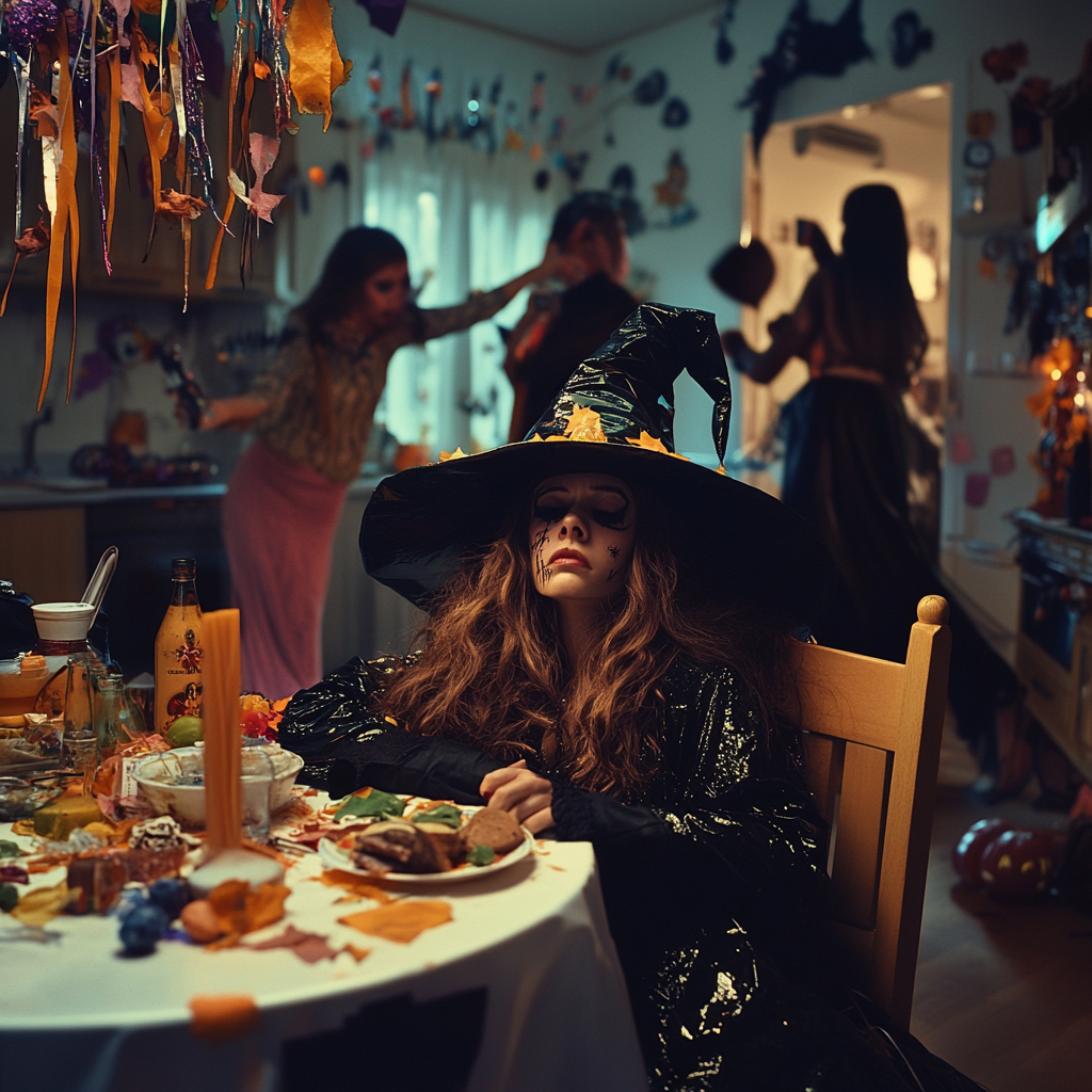 The tired witch at a lively Halloween party