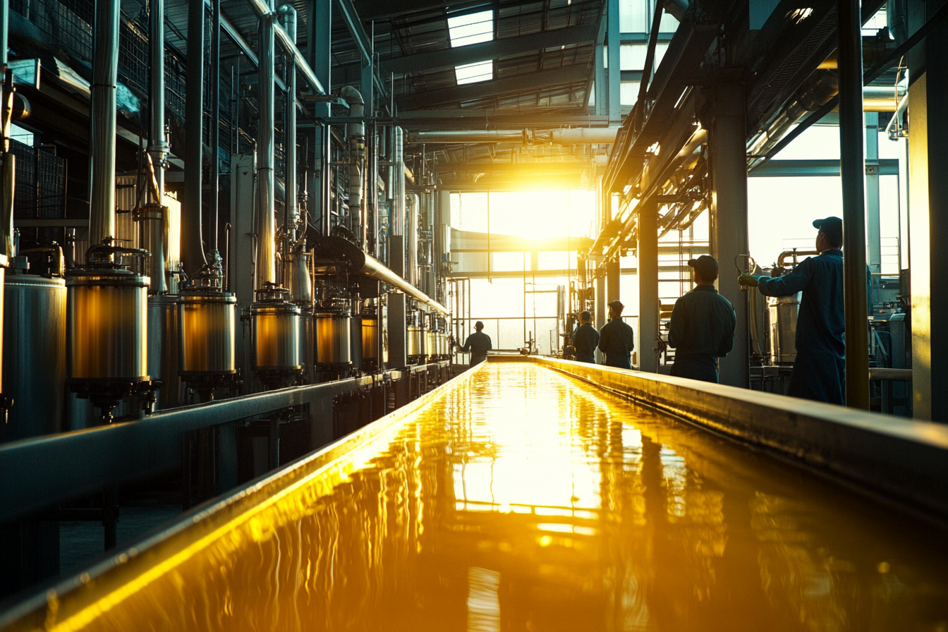 The workers watch oil extraction from olive paste.