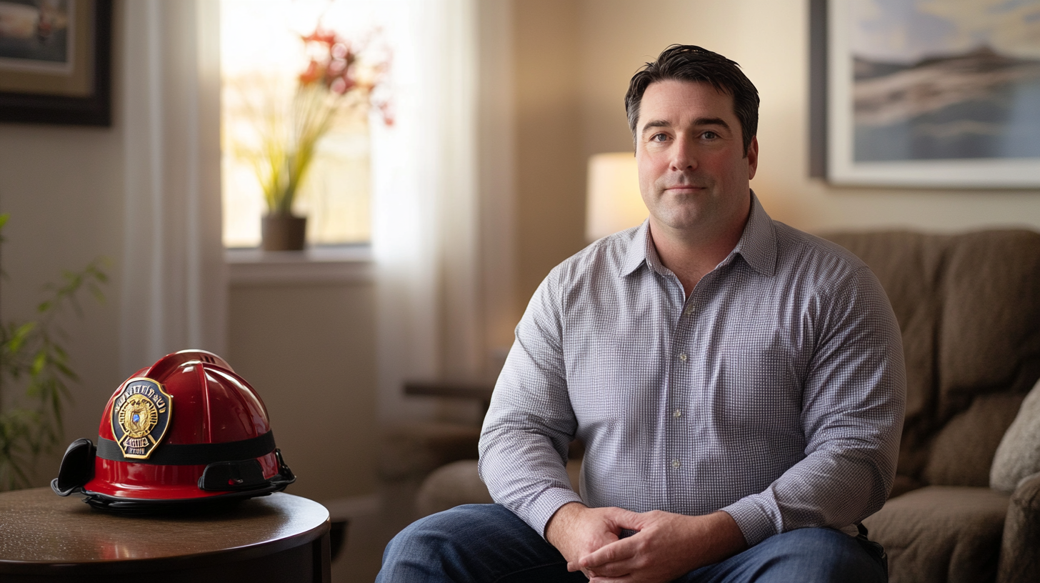 Therapist in office with firefighter's helmet and police badge