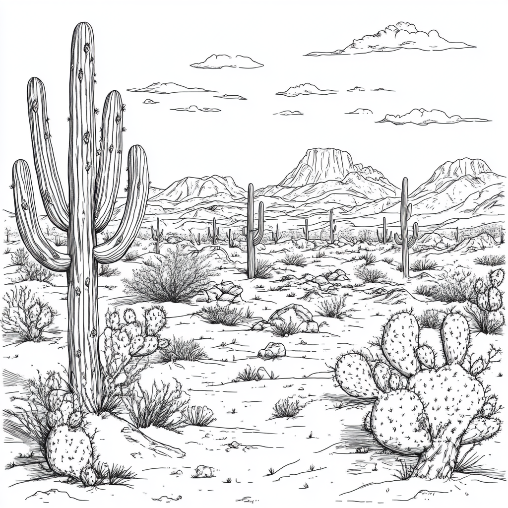 Thick line coloring page of dreamlike cacti and trees.