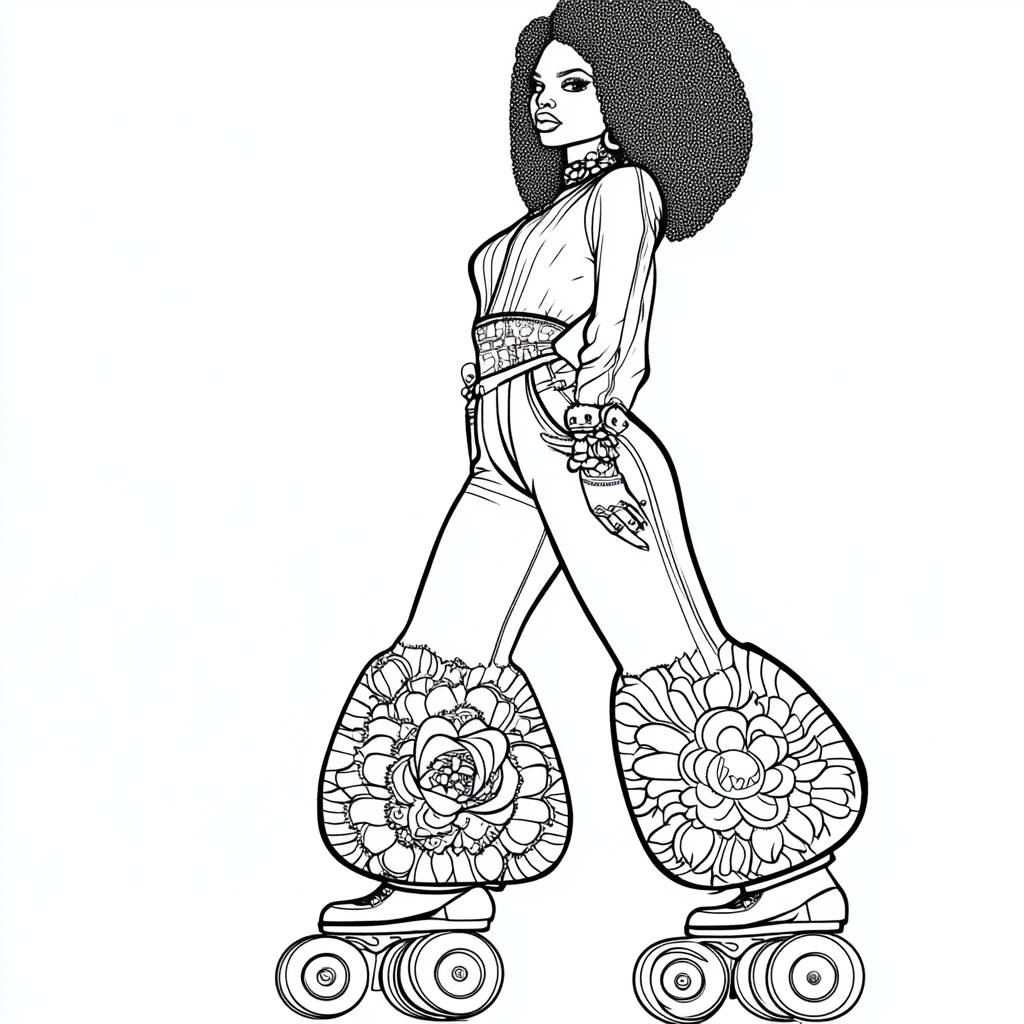 Thick lined coloring book: African-American woman on roller skates.