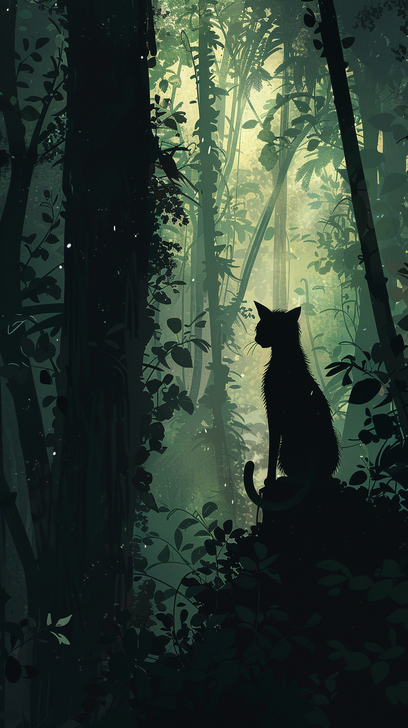 Thin Cat in Jungle, Fearful Eyes, Cartoon Style