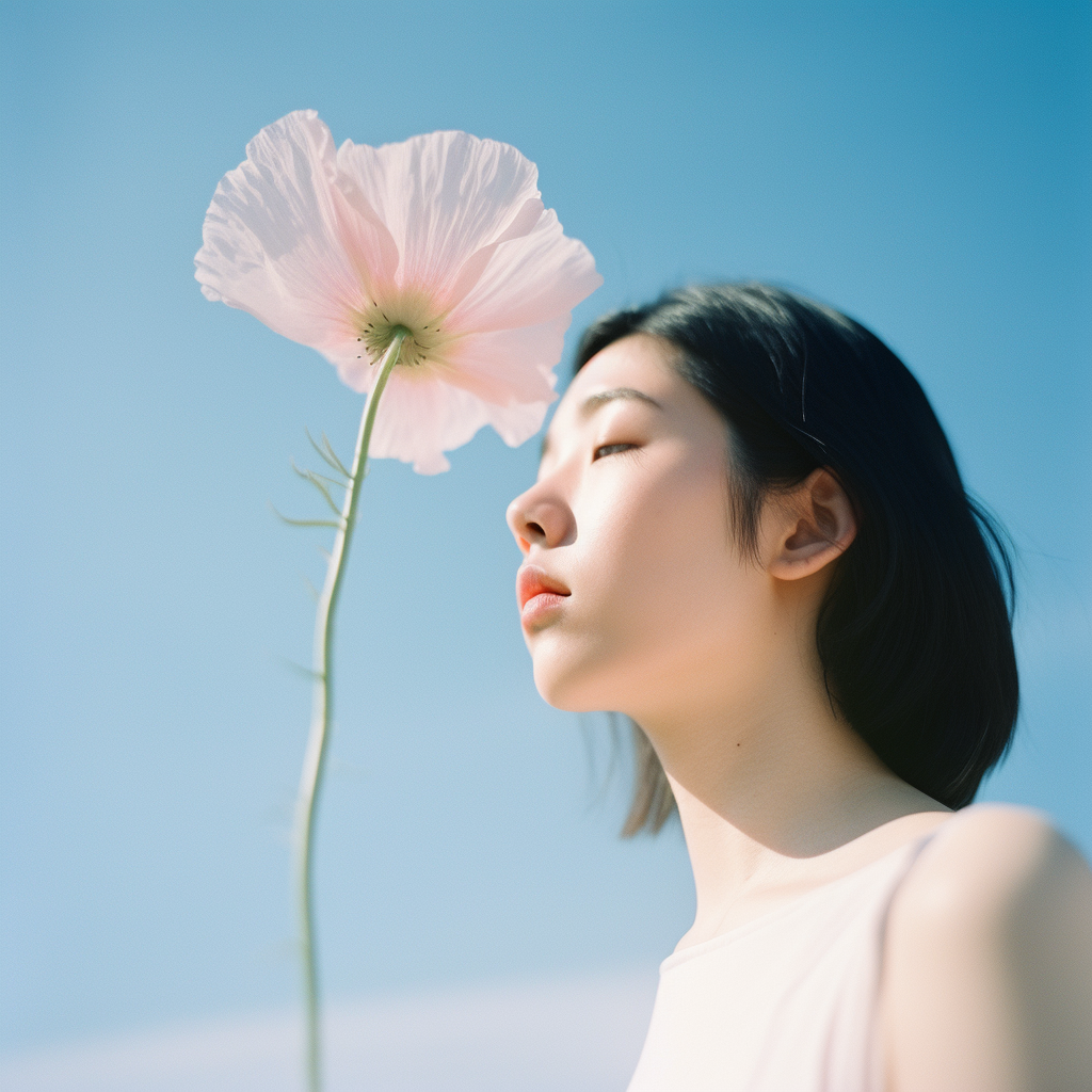 Thin green stem, soft pink flower, girl inside.