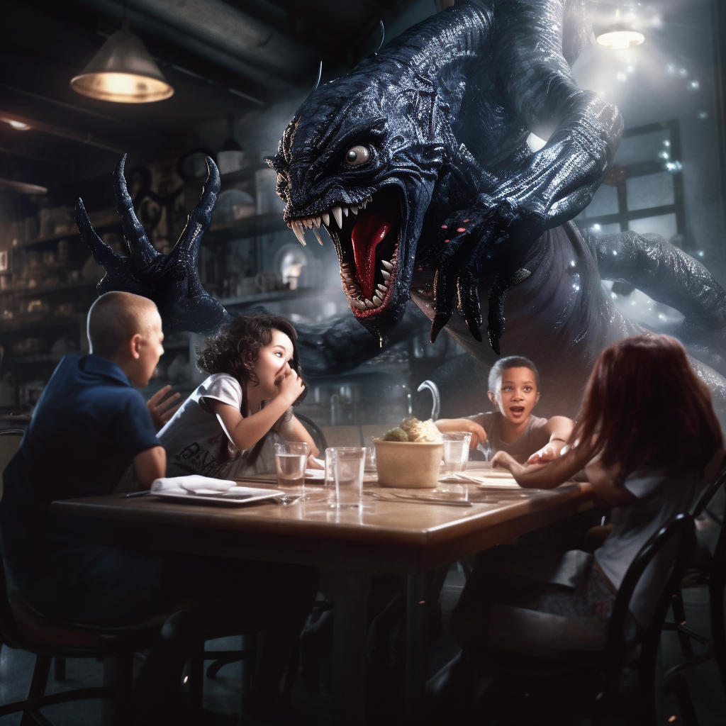 4. Mischievous xenomorph creating chaos at dinner