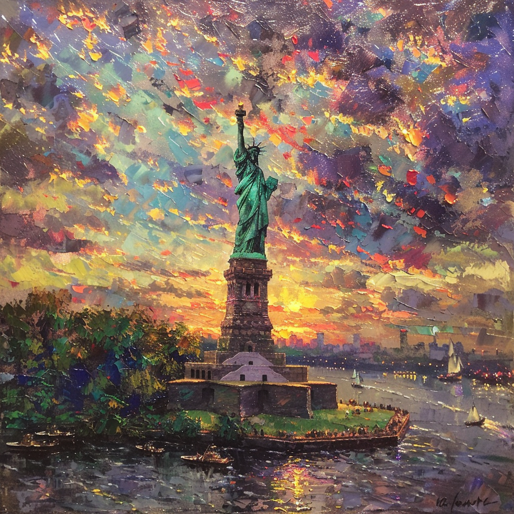 Thomas Kinkade style painting of Statue of Liberty, celebration.