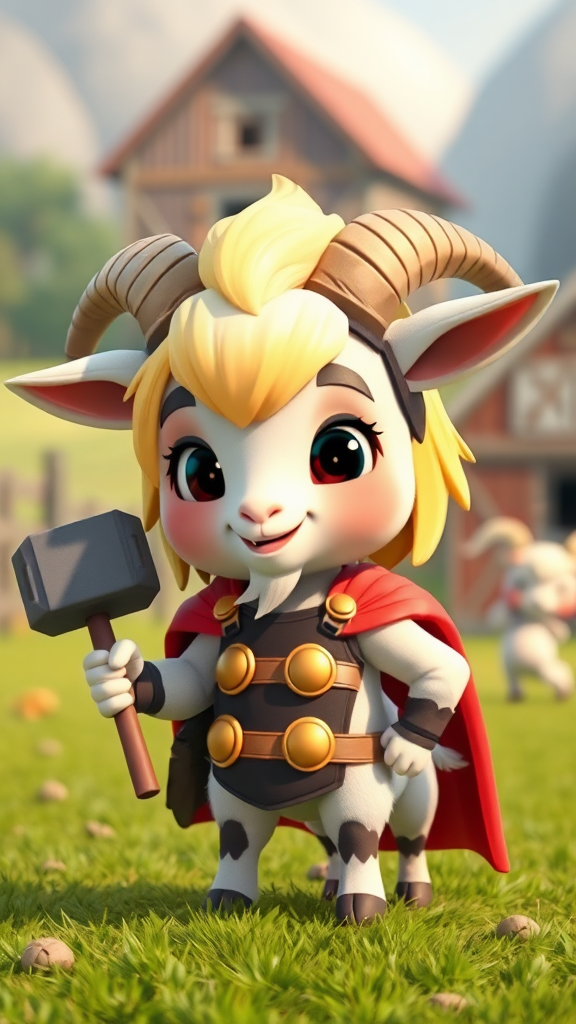 Thor, a cute blonde goat with hammer, cape.