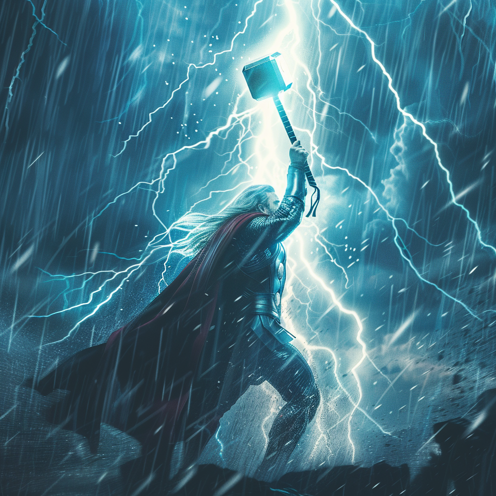 Thor wielding his hammer, summoning thunder from the sky.