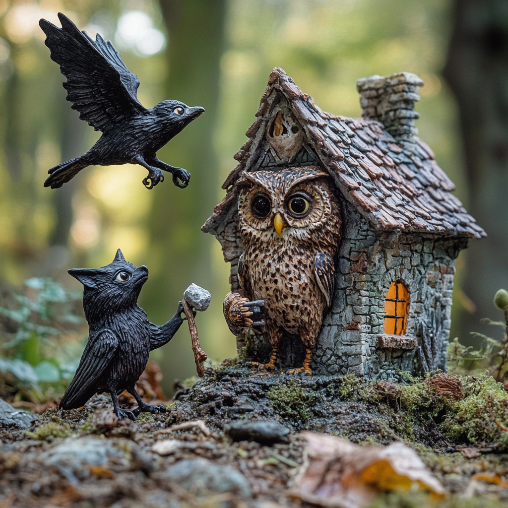 Three Animals Play Near Tiny Forest House