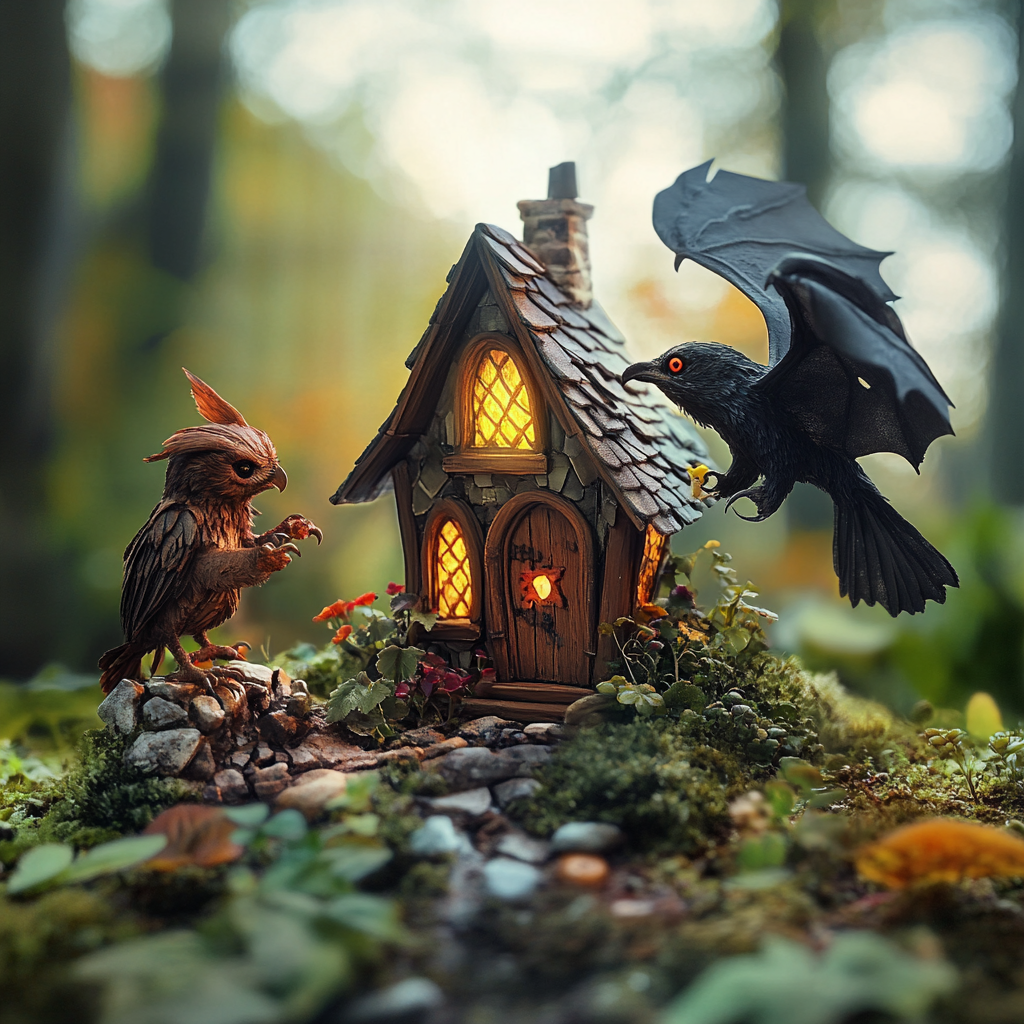 Three Animals Playing by a Miniature Forest House