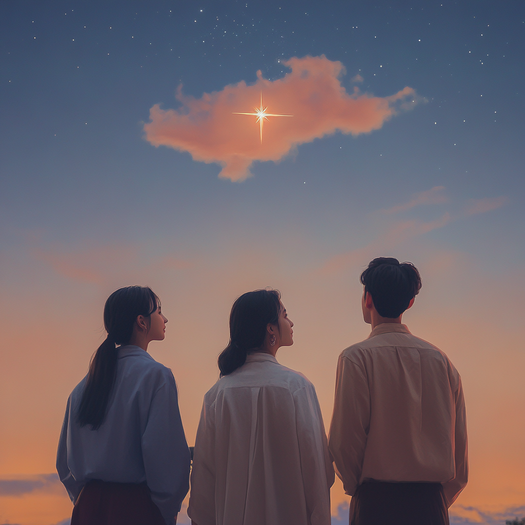 Three Asian friends gazing at star-shaped cloud at sunset.