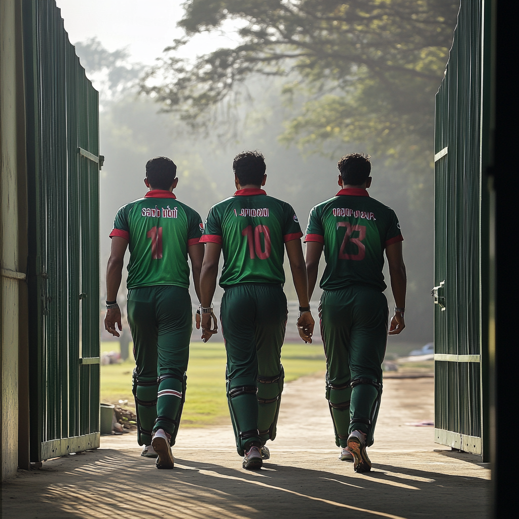 Three Bangladeshi cricketers walking towards Ahsan Manjil.