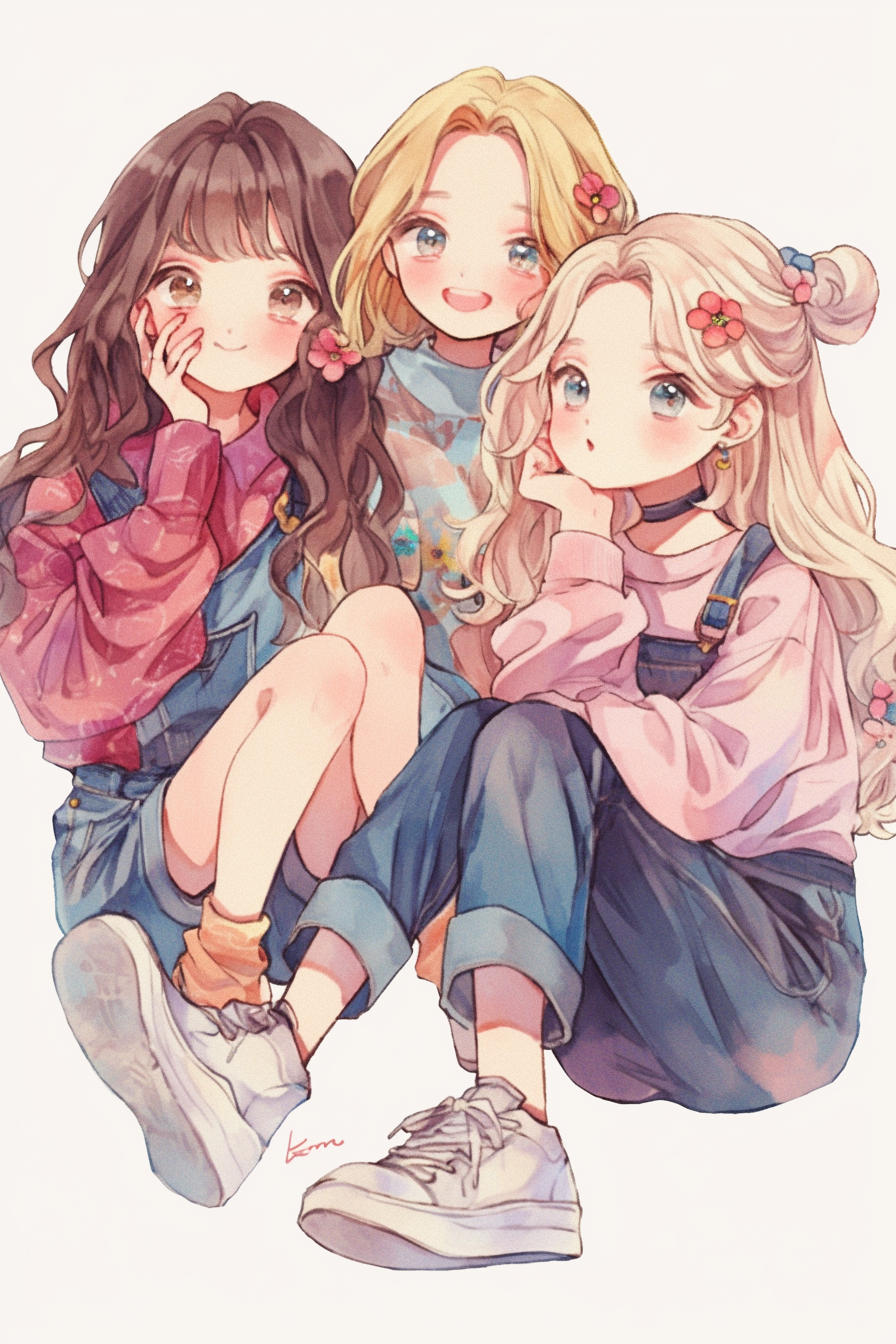 Three Cute Fashion Girls Sitting Together