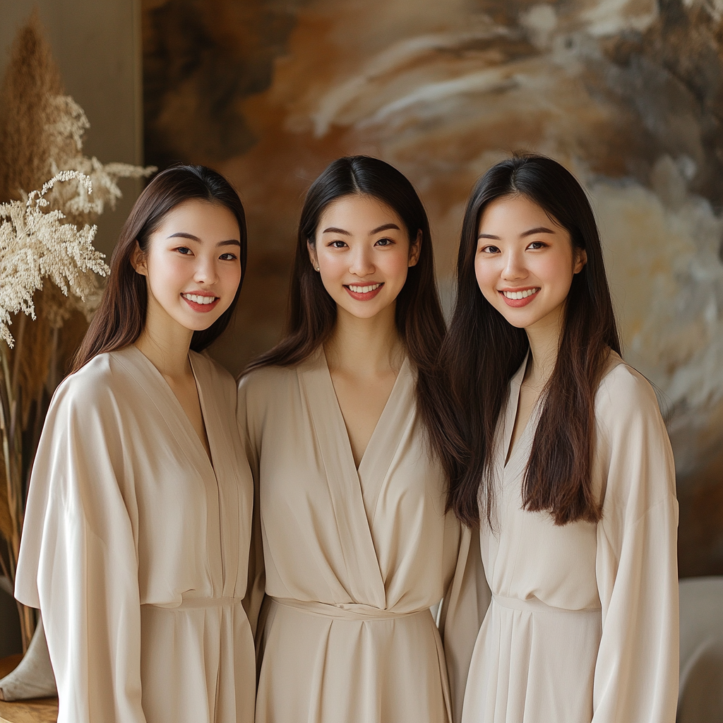 Three Elegant Asian Women in Luxurious Caftans