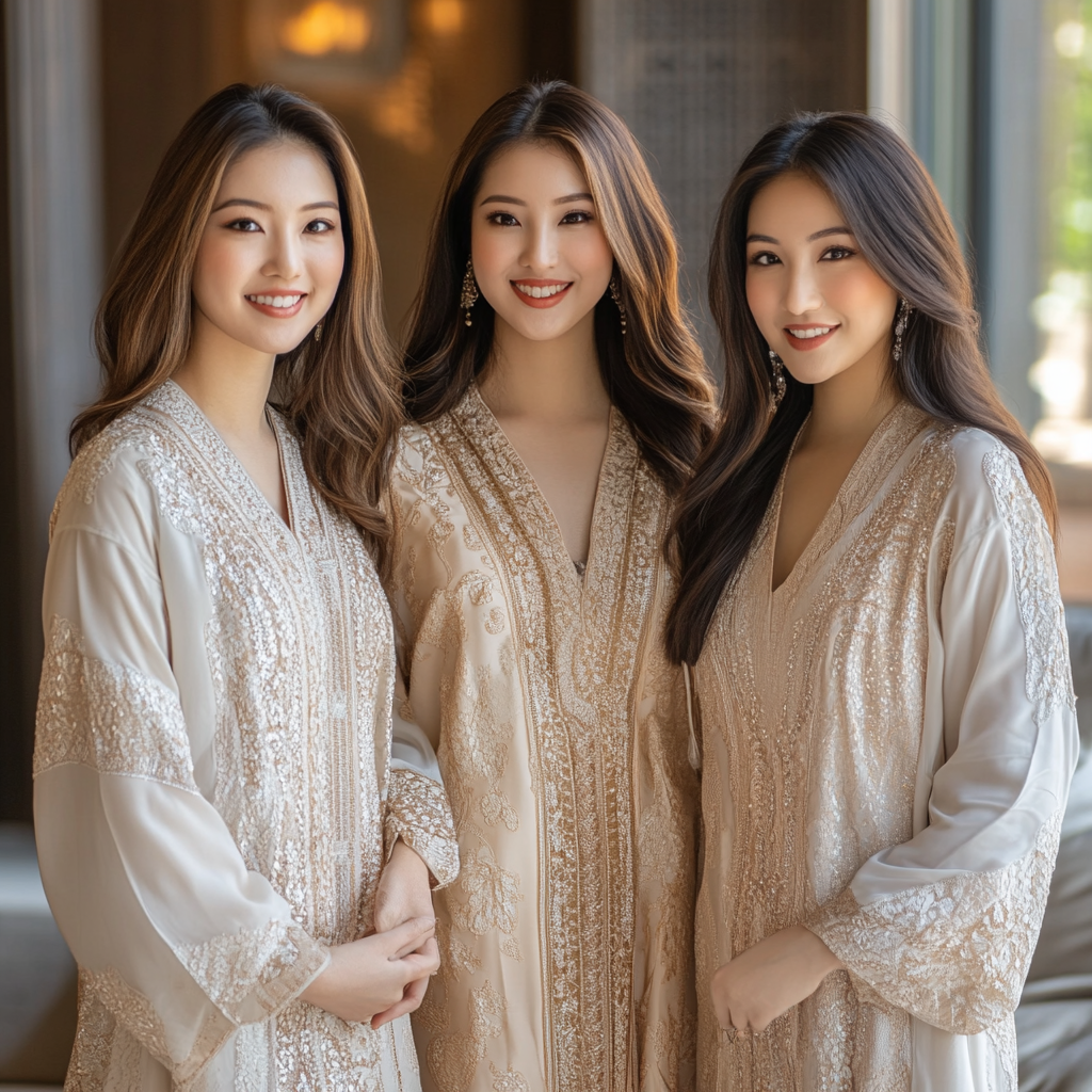 Three Elegant Young Asian Professionals in Luxurious Caftans