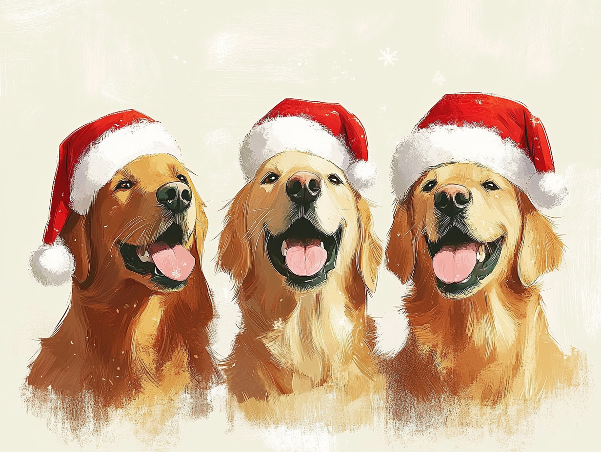 Three Golden Retriever heads in Santa hats, cute illustration.