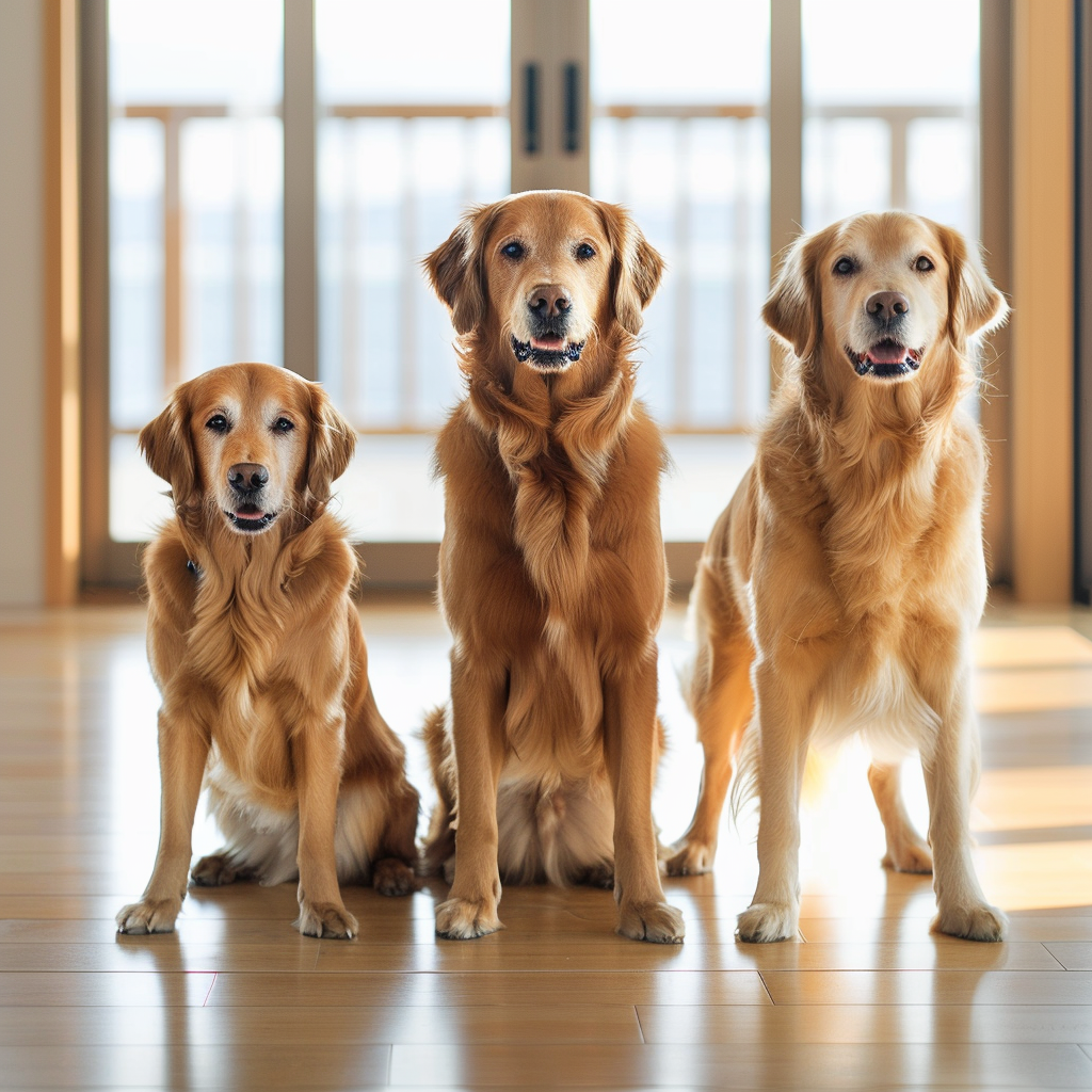 Three Golden Retrievers in Modern Home Stand Together