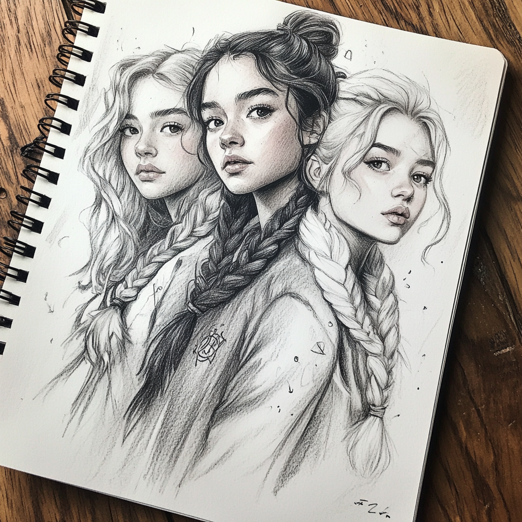 Three Hogwarts Students in a Pencil Sketch