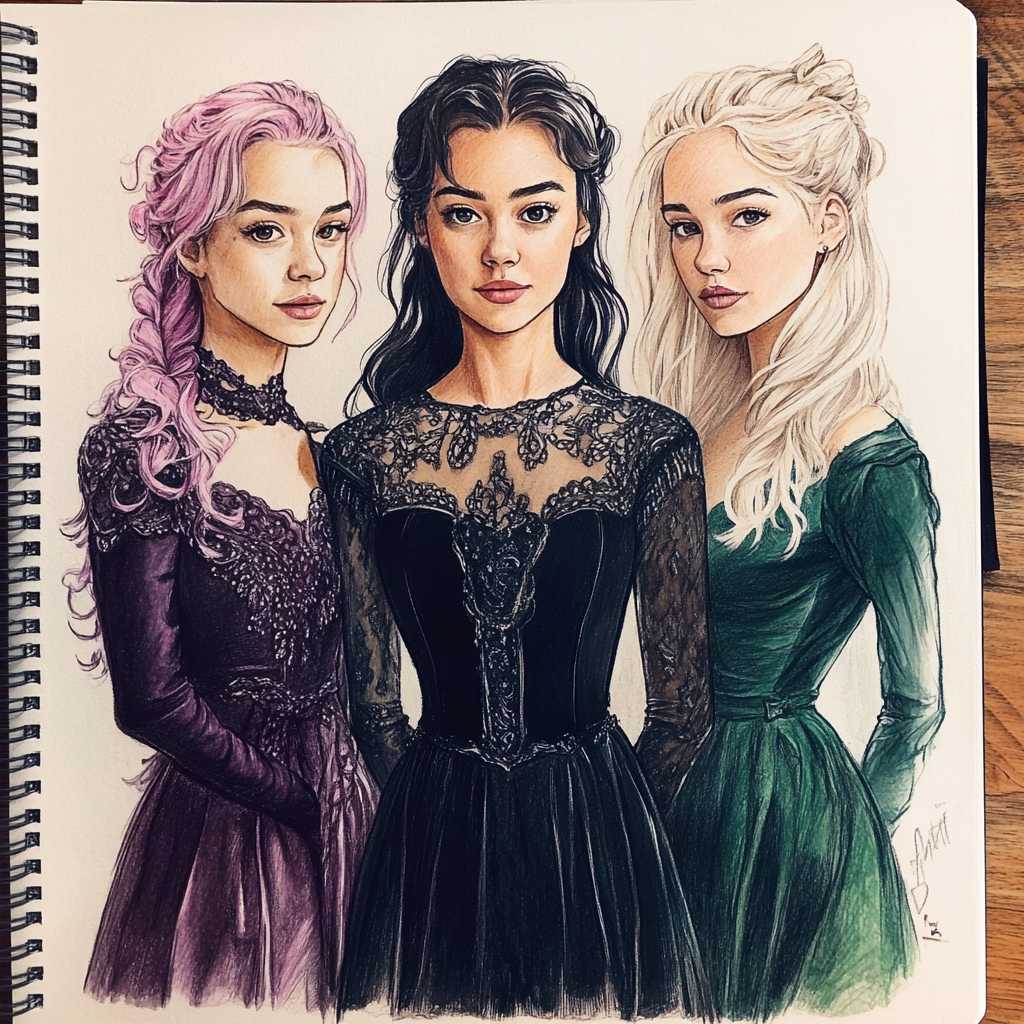 Three Hogwarts students in elegant evening dresses on notebook