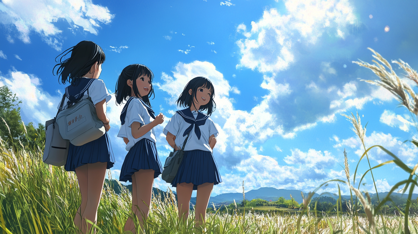 Three Japanese high school girls in traditional uniforms, smiling.