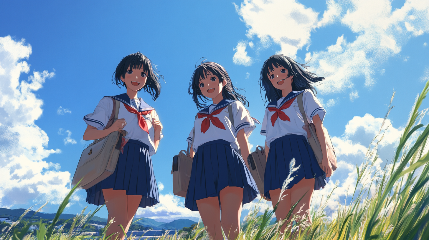 Three Japanese high school girls in traditional uniforms bonding.