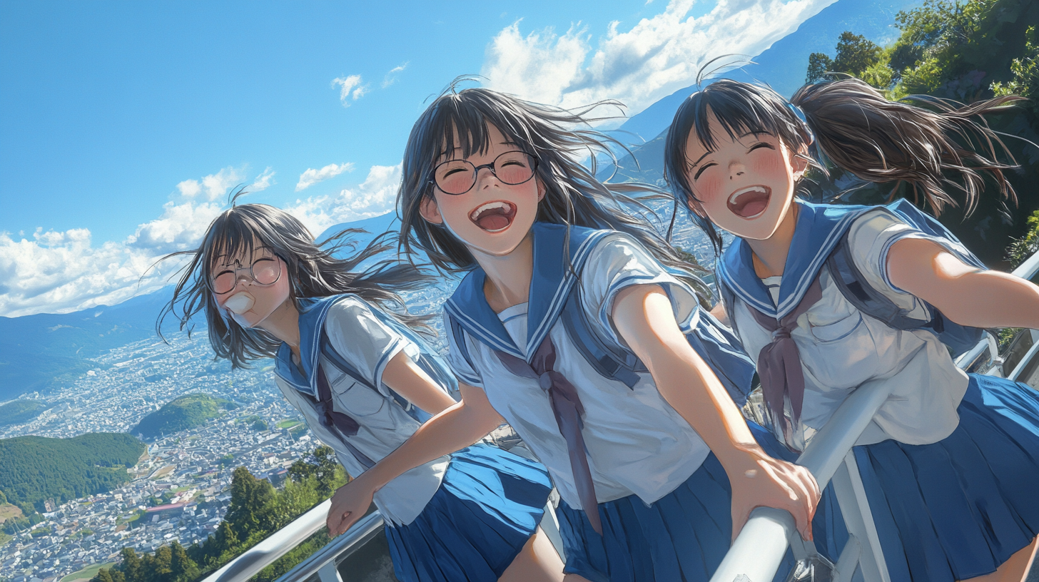 Three Japanese high school girls laughing on rooftop.